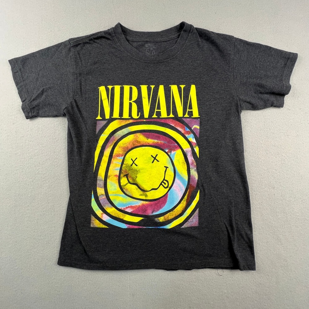 Nirvana Graphic T-Shirt Kids XS Charcoal Gray Smiley Face Psychedelic Grunge Tee